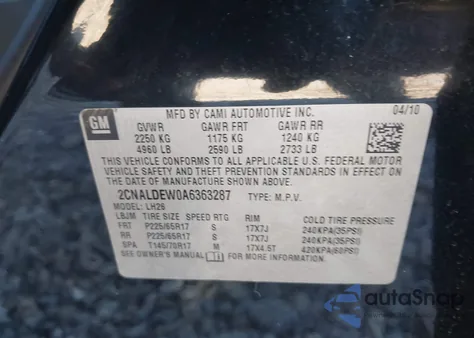 2010 Chevrolet Equinox Lt from USA, damaged, VIN 2CNALDEW0A6363287